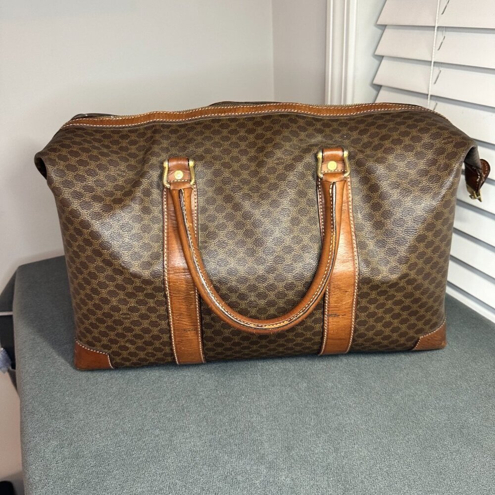👜 VINTAGE CELINE MACADAM CANVAS & CALFSKIN BOSTON TRAVEL BAG - TAN LEATHER 👜 - Picture 3 of 13